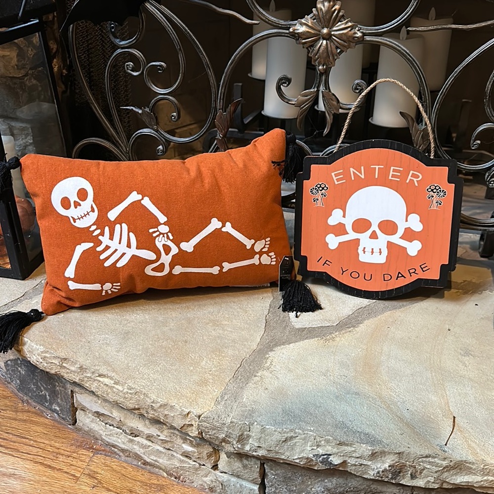 NWT Set of Halloween Skeleton Pillow and Skeleton Hanging Sign